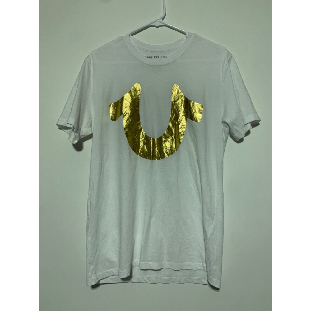 True Religion Men Size S White T Shirt Gold Horseshoe Logo Cotton Tee